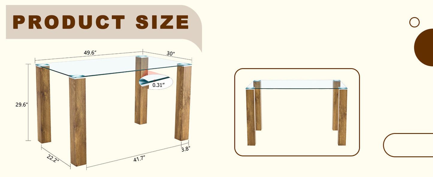 A 49.6 * 30 Inch Transparent Tempered Glass Dining Table With Rectangular Wood Color MDF Wood Grain Legs, Combining Simp