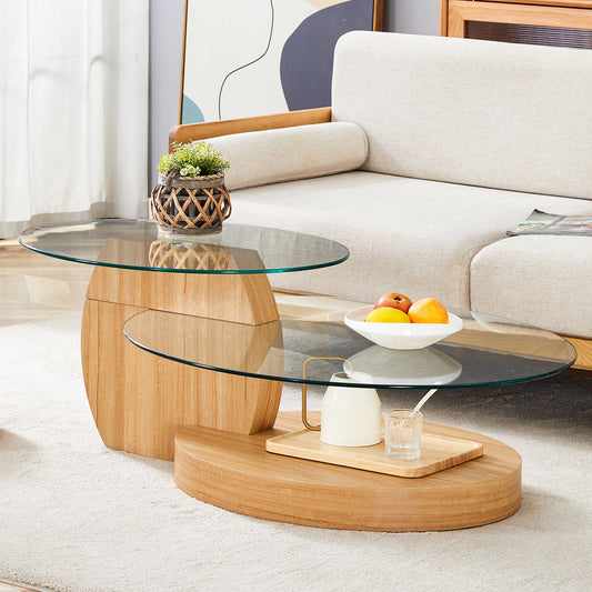 Modern Light Wood Grain Double Layer Coffee Table - Versatile Design, Multiple Colors, MDF and Reinforced Glass, Oval Co