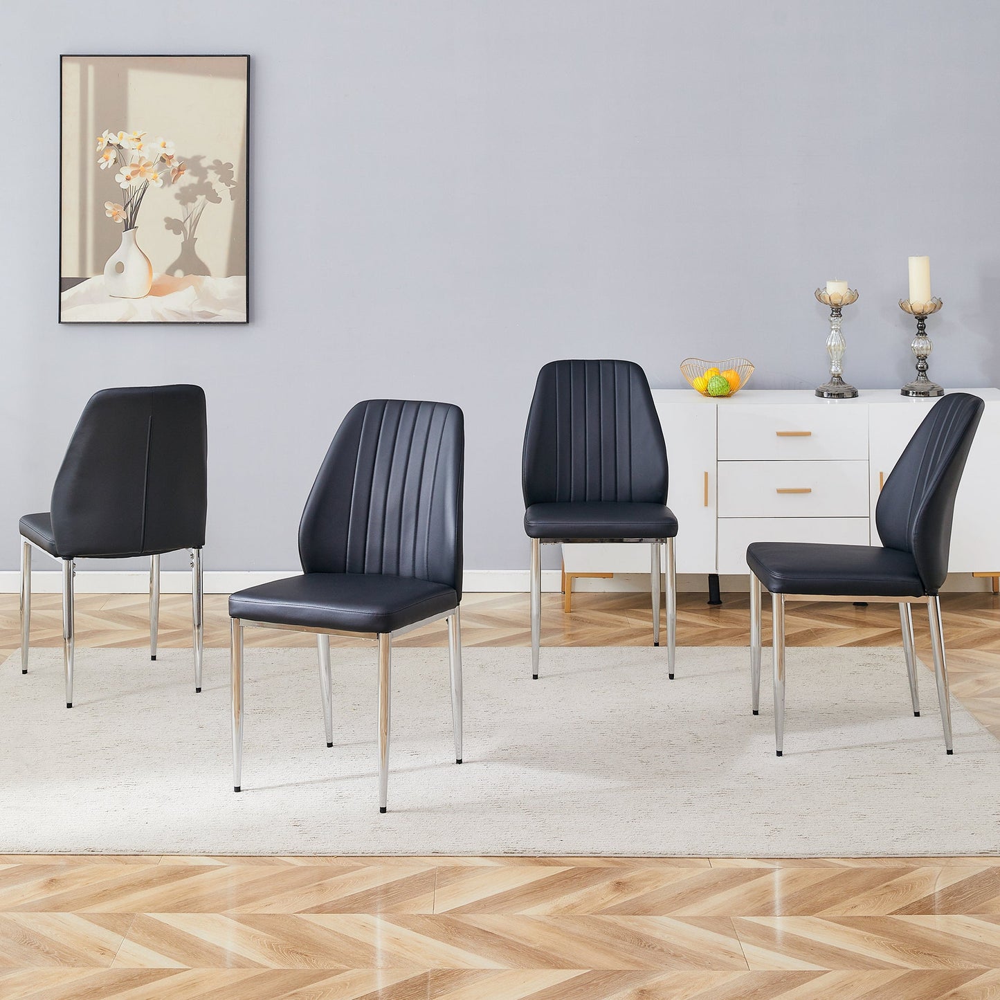 Set of 8 Black PU Comfort Dining Chairs With Extended Backrest and Silver Metal Legs