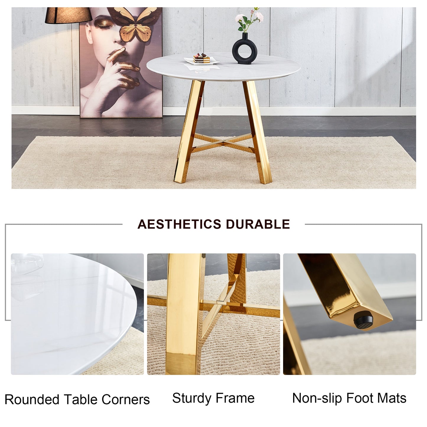 Modern Minimalist White Patterned Circular Dining Table and Coffee Table. MDF Desktop, Diameter 42 Inches, Stainless Ste