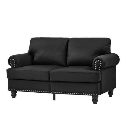 59.5' Modern Classic Design With Nails Living Room Loveseat Leather Couch,Upholstered Imitation Cowhide Leather Black