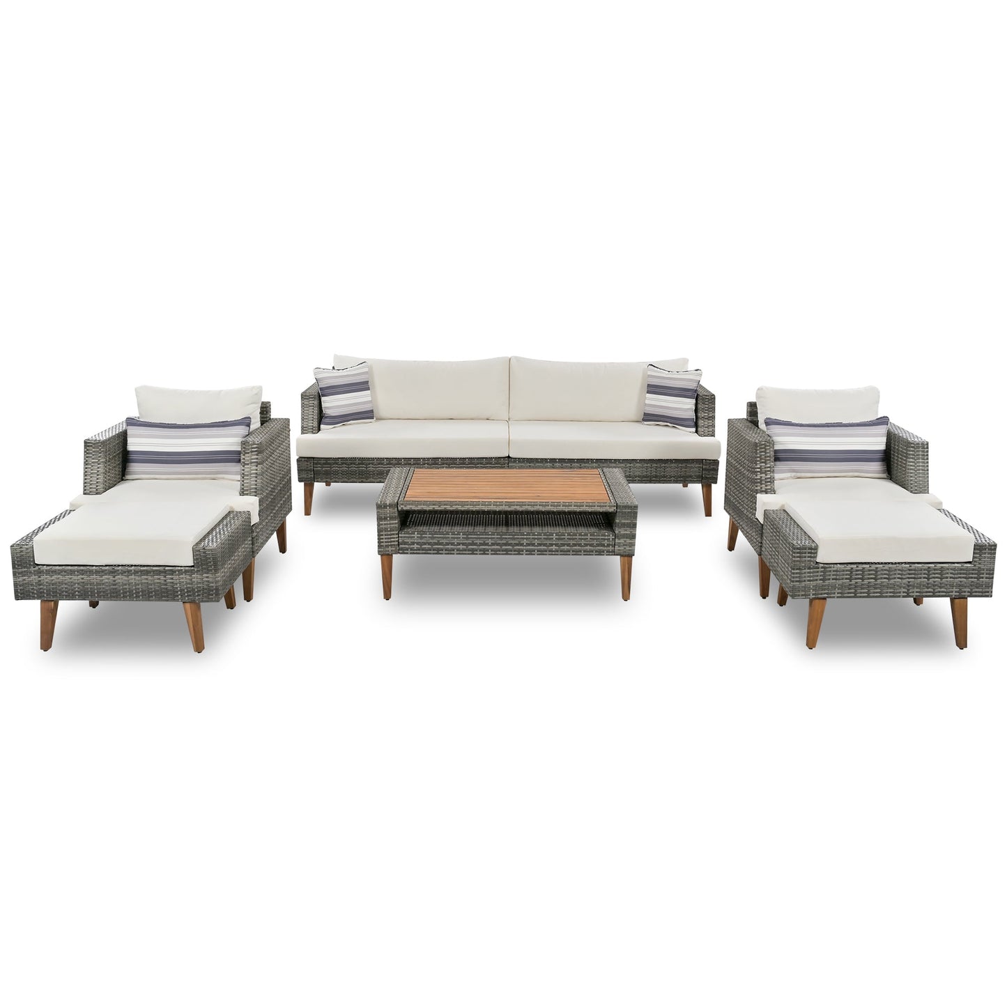 6-Pieces All Weather PE Wicker Sofa Set, Outdoor Rattan Sofa With Double Cushions, Wood Legs Wood Table Top, Beige and G