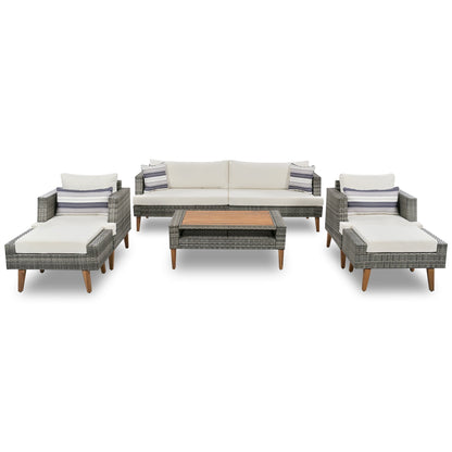 6-Pieces All Weather PE Wicker Sofa Set, Outdoor Rattan Sofa With Double Cushions, Wood Legs Wood Table Top, Beige and G