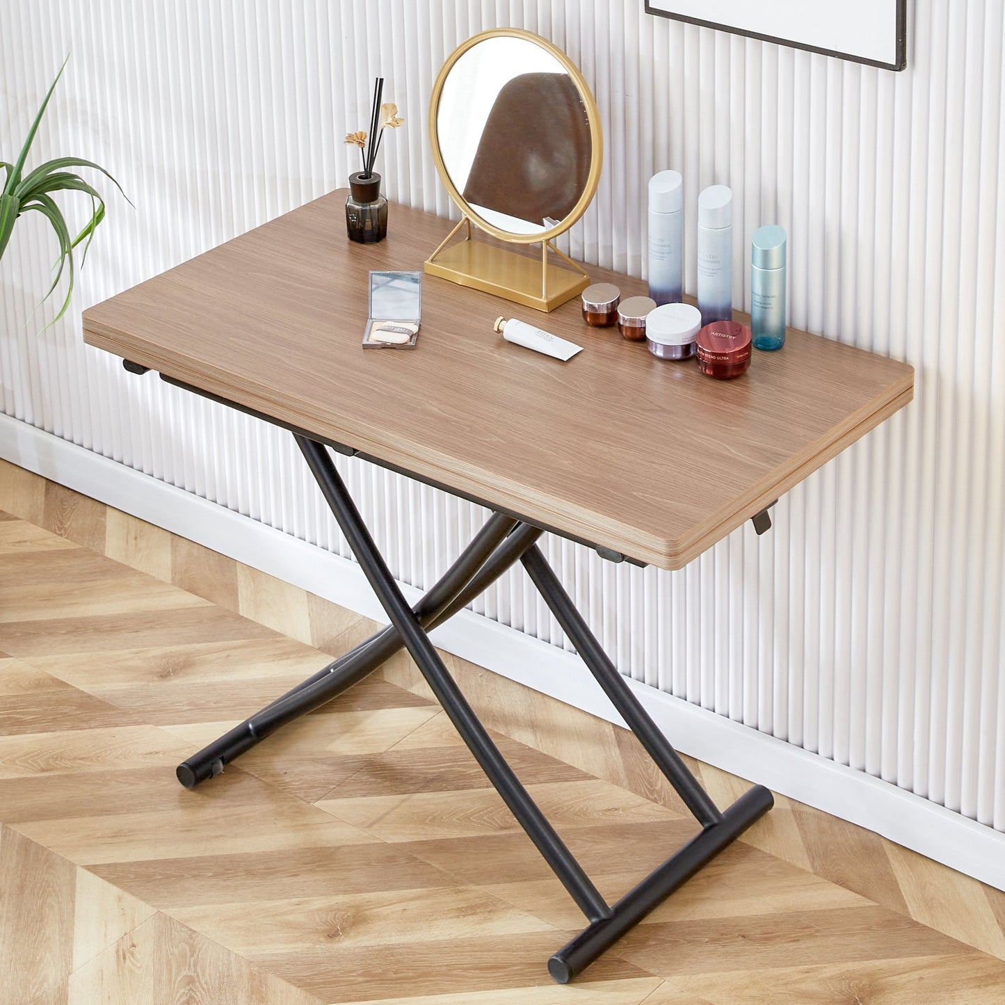 Modern Minimalist Multifunctional Lifting Table, With a 0.8-Inch Wood Grain Process Sticker Desktop and Black Metal Legs