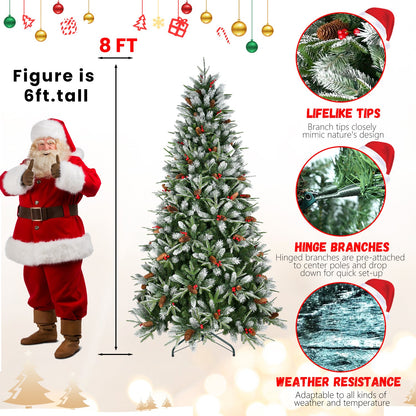 7FT Christmas Tree With 2178 Tips, Red Berries & Pine Cones – Snow-Dusted PE+PVC Branches, Hinged Design for Easy Setup,