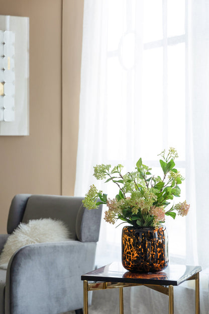Brown and Amber Glass Vase With Cheetah Motif, Short, 7.9x7.9'