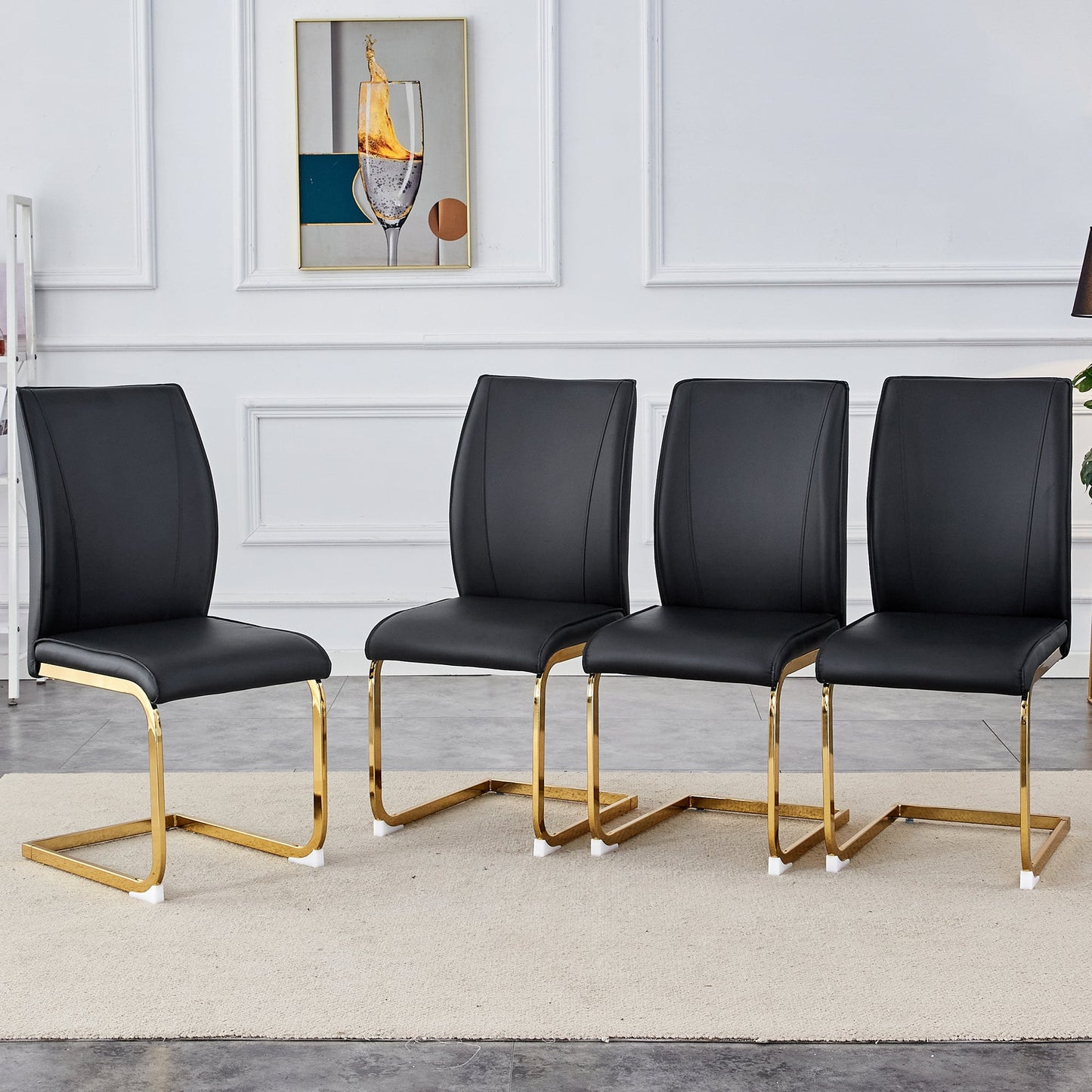 Luxury Simple Arch Chair - Set of 4 BLACK PU Material High Resilience Dining Chair With Arched Metal Gold Leg.W1151P1548