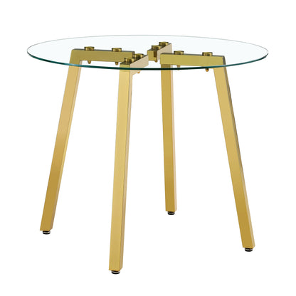 Modern Luxurious Round Tempered Glass Dining Table With Gold 7-Shaped Metal Legs,suitable for Family Meals, Office Confe