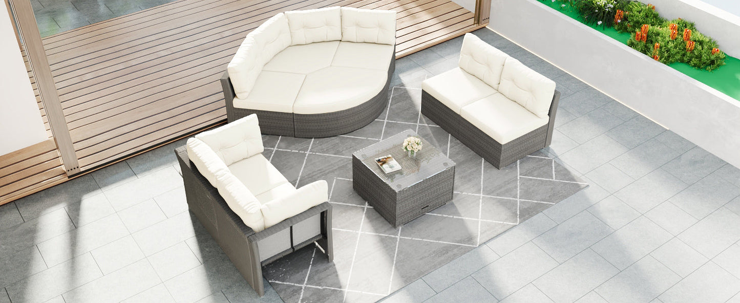 Patio Furniture Set Outdoor Daybed Rattan Sectional With Cushions and Center Table, Beige, Iron & Rattan, Multiple Sizes