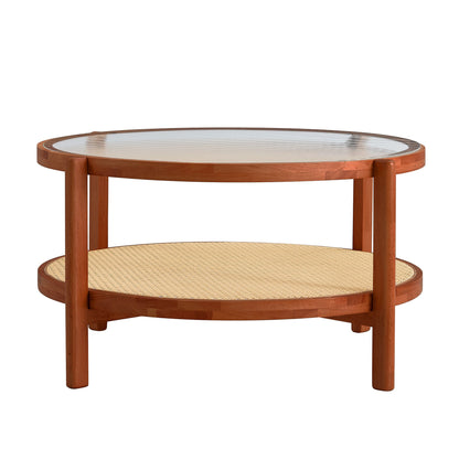 Modern Minimalist Circular Double-Layer Solid Wood Coffee Table With Glass Top, PE Rattan Layer, Walnut Finish