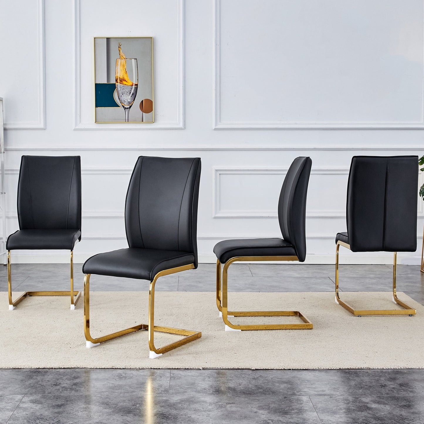 Luxury Simple Arch Chair - Set of 4 BLACK PU Material High Resilience Dining Chair With Arched Metal Gold Leg.W1151P1548