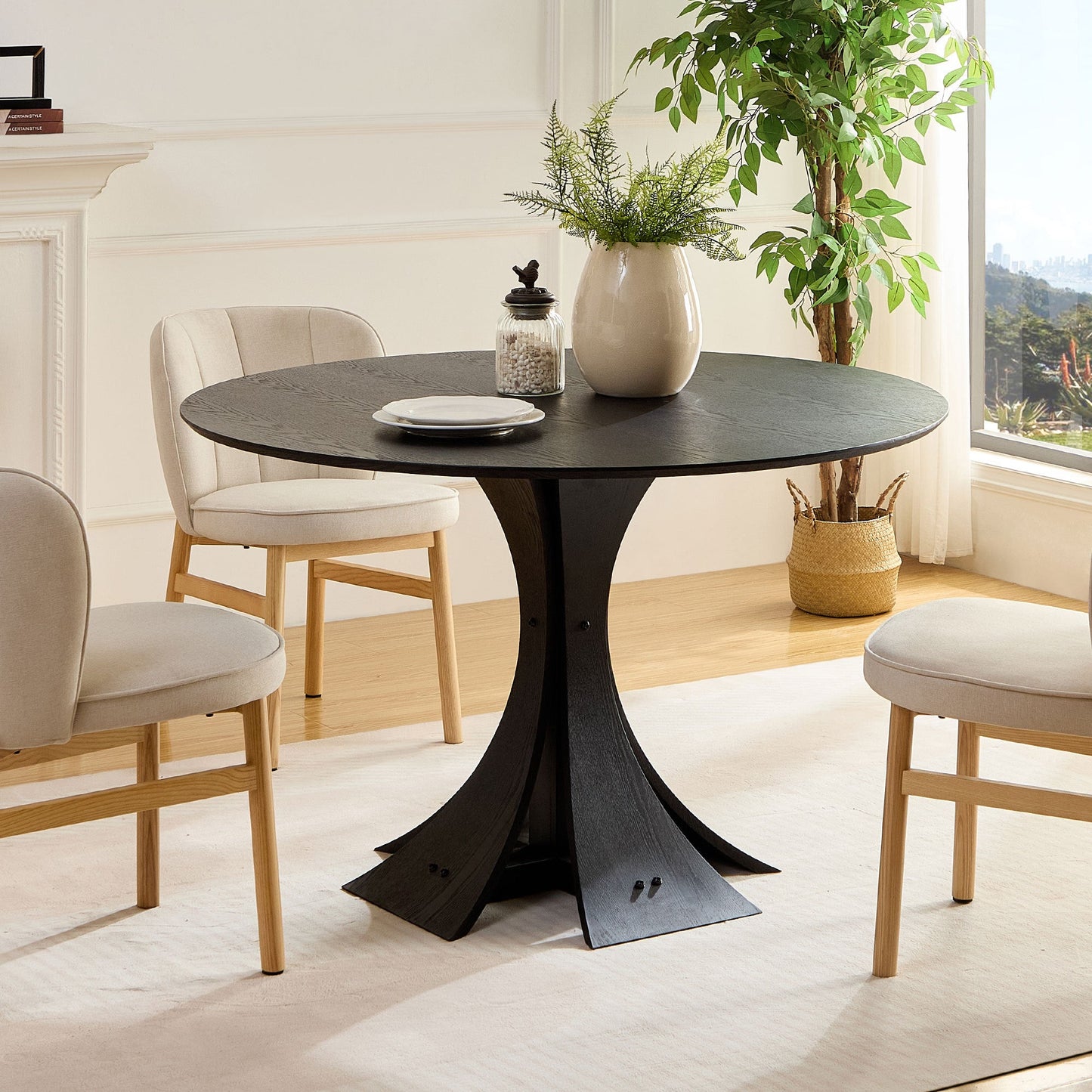 47.24'' Round Modern Style MDF Wood Dining Table in Black Suitable for Kitchen, Living Room, Cafe, Milk Tea Shop