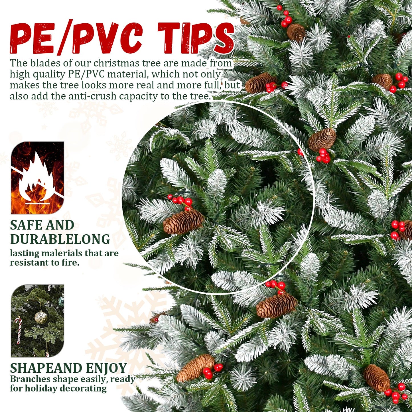7FT Christmas Tree With 2178 Tips, Red Berries & Pine Cones – Snow-Dusted PE+PVC Branches, Hinged Design for Easy Setup,