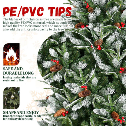 7FT Christmas Tree With 2178 Tips, Red Berries & Pine Cones – Snow-Dusted PE+PVC Branches, Hinged Design for Easy Setup,