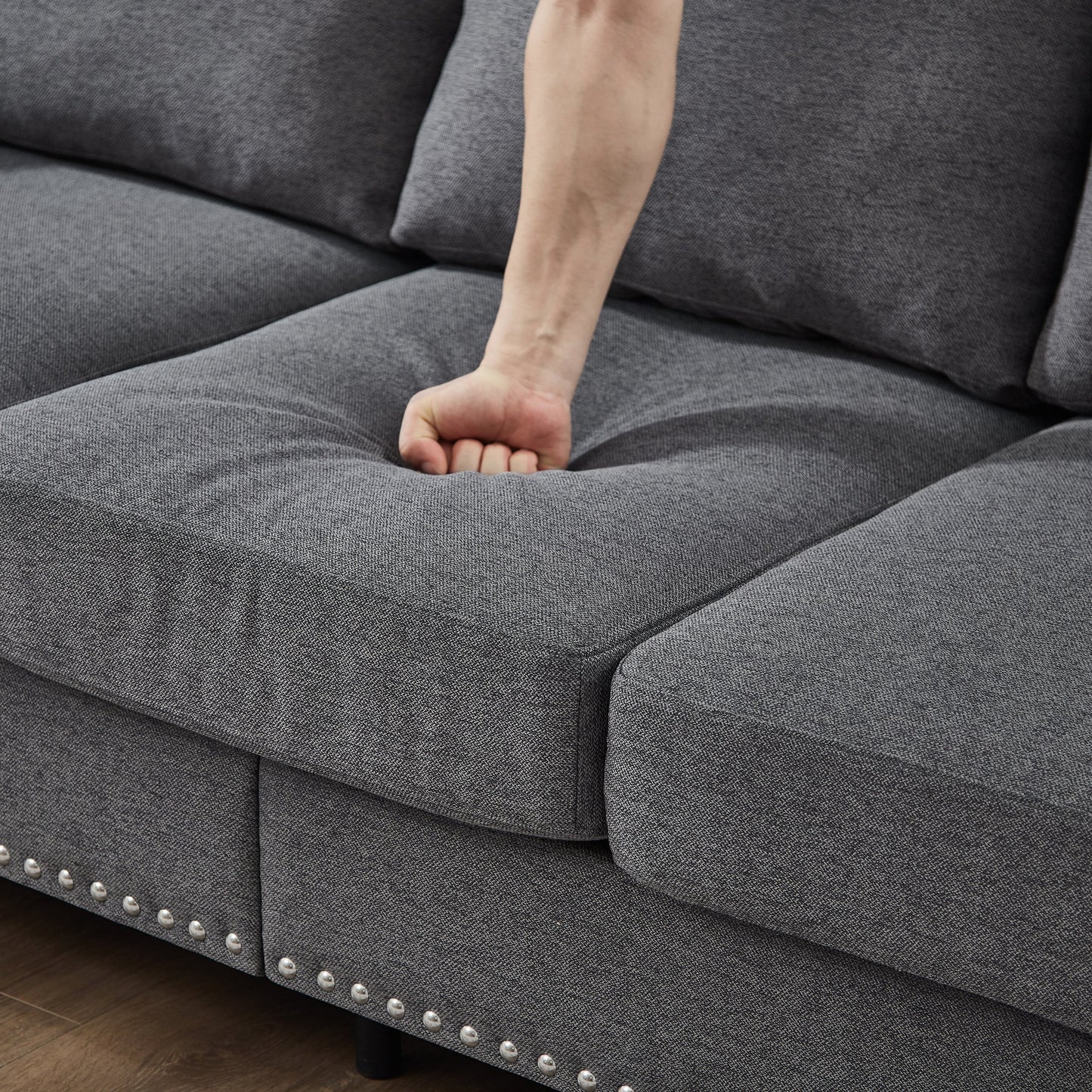 Modern Classic Design With Nails Living Room 2+3 Seater Sofa Fabric Couch,Upholstered Polyester Grey.