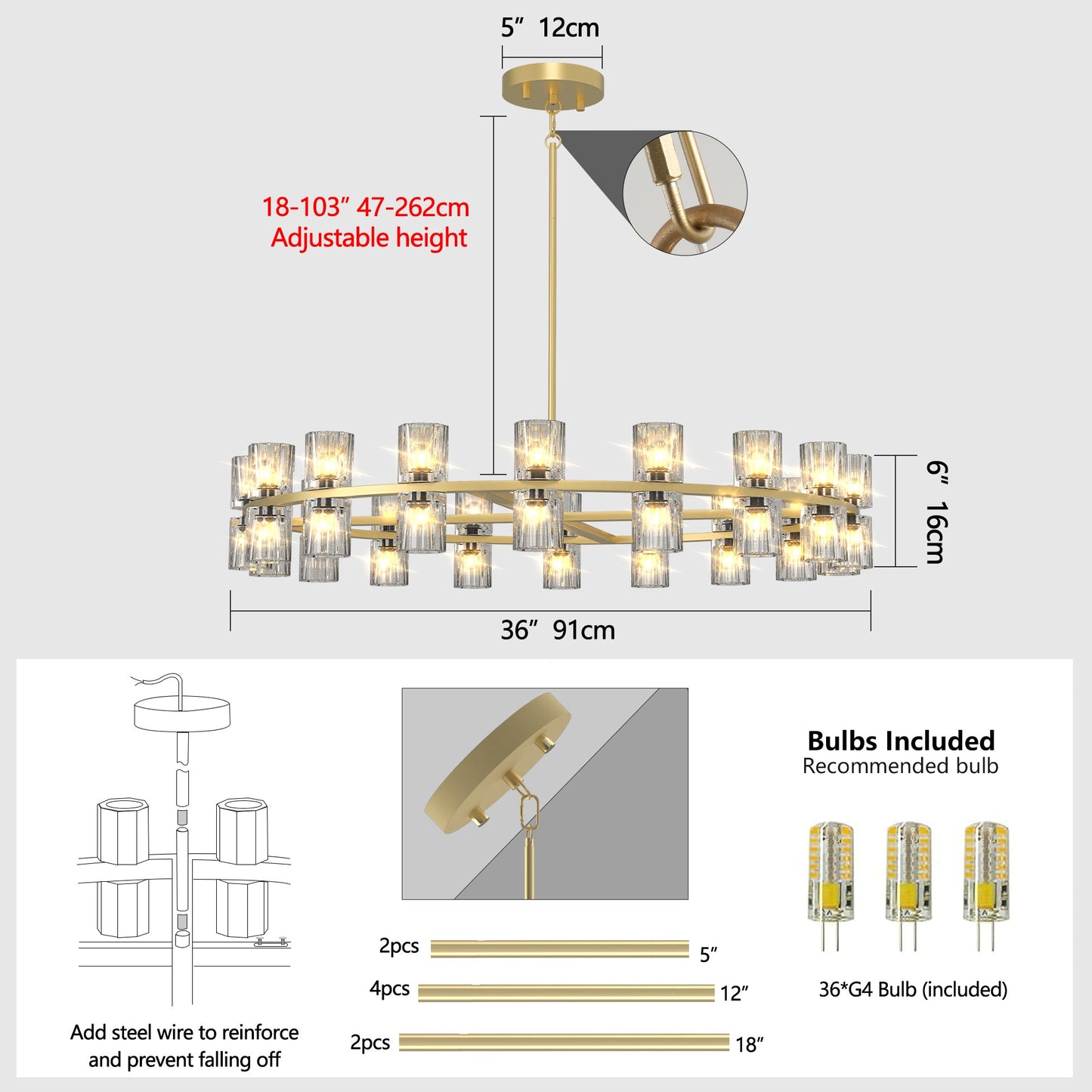 Modern 36' Gold Round Chandelier Light Fixture, K9 Crystal Chandeliers for Dining Room, Living Room, Dining Room Chandel