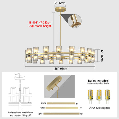 Modern 36' Gold Round Chandelier Light Fixture, K9 Crystal Chandeliers for Dining Room, Living Room, Dining Room Chandel