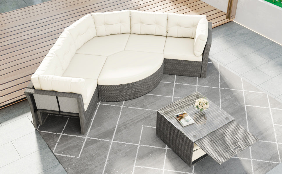 Patio Furniture Set Outdoor Daybed Rattan Sectional With Cushions and Center Table, Beige, Iron & Rattan, Multiple Sizes