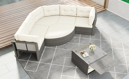 Patio Furniture Set Outdoor Daybed Rattan Sectional With Cushions and Center Table, Beige, Iron & Rattan, Multiple Sizes