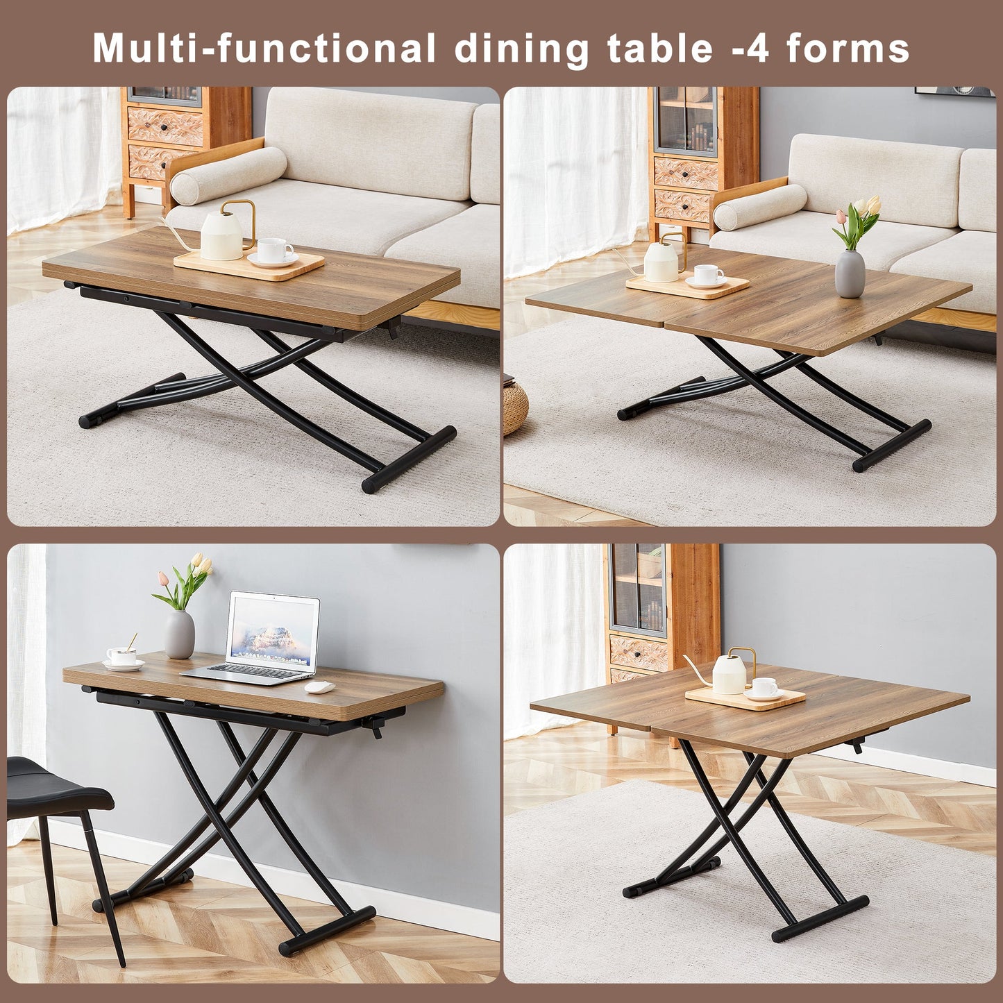 Table and Chair set.Modern Multifunctional Lifting Platform,Natural Wood Grain Sticker MDF Desktop, Black Metal Legs.Pai