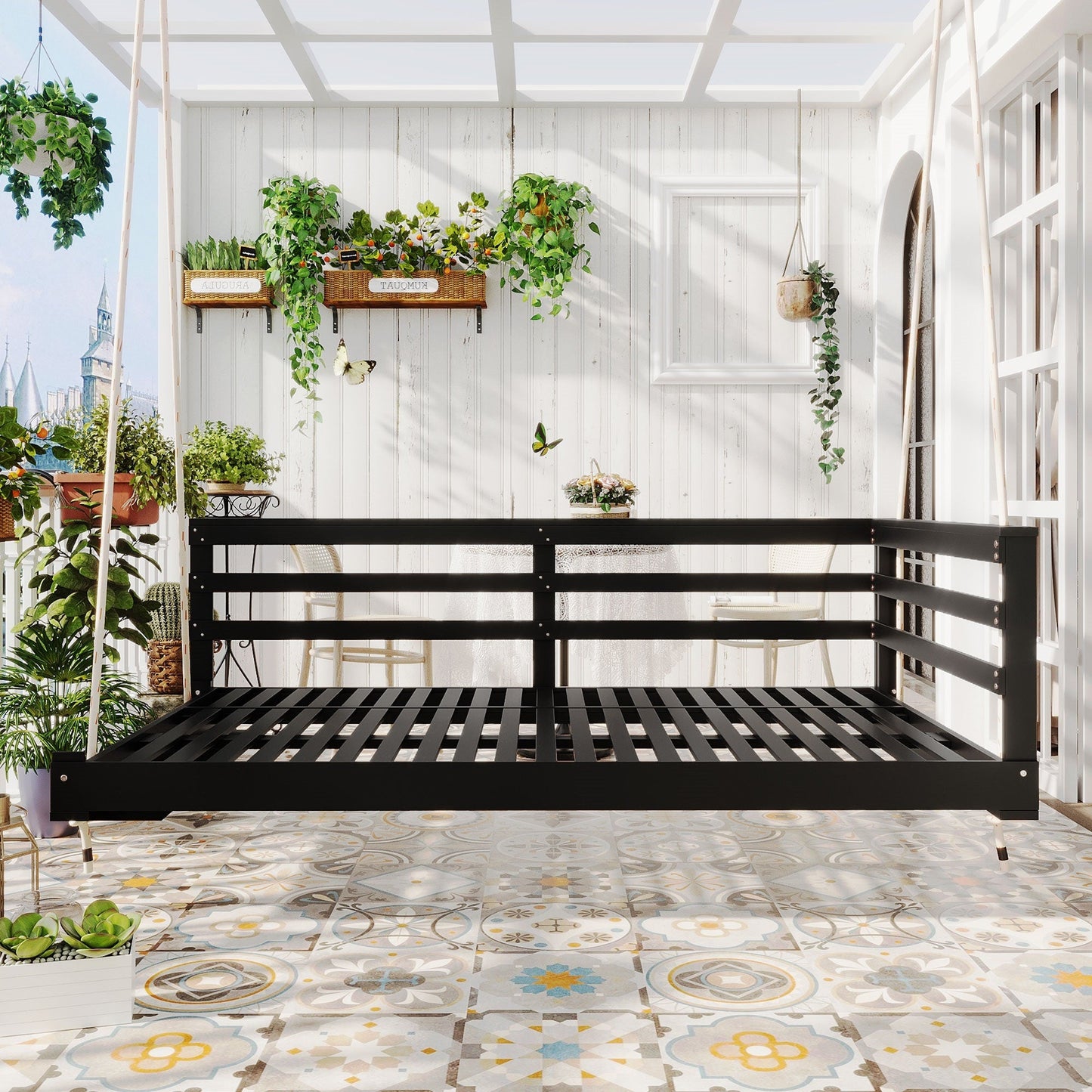 Country Patio Wooden Twin Size Swing Daybed Porch Swing Frame With 4pcs 96-Inch Hemp Ropes for Backyard, Garden, Black