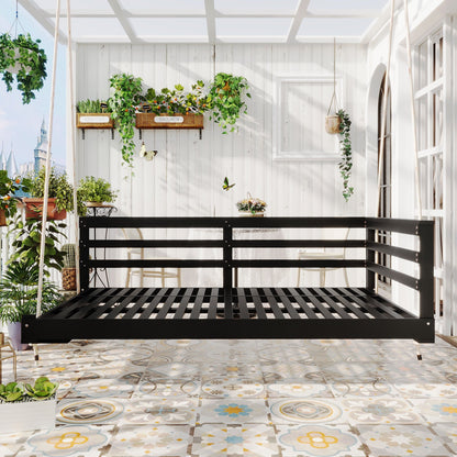 Country Patio Wooden Twin Size Swing Daybed Porch Swing Frame With 4pcs 96-Inch Hemp Ropes for Backyard, Garden, Black