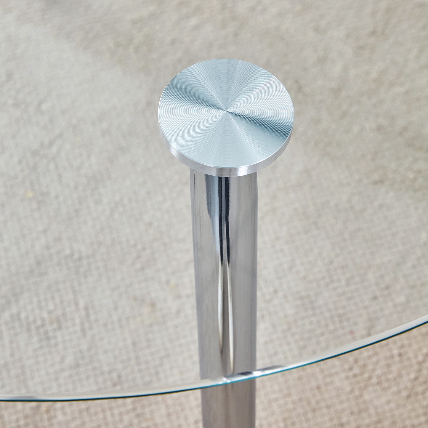 Table and Chair set.A 38.6' Transparent Tempered Glass Round Dining Table-Silver Metal Legs.Paired With 6 BLACK PU Mater