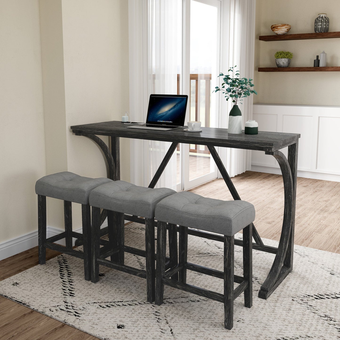 Bar Table Set With Power Outlet, Bar Table and Chairs Set, 4 Piece Dining Table Set, Industrial Breakfast Table Set, For