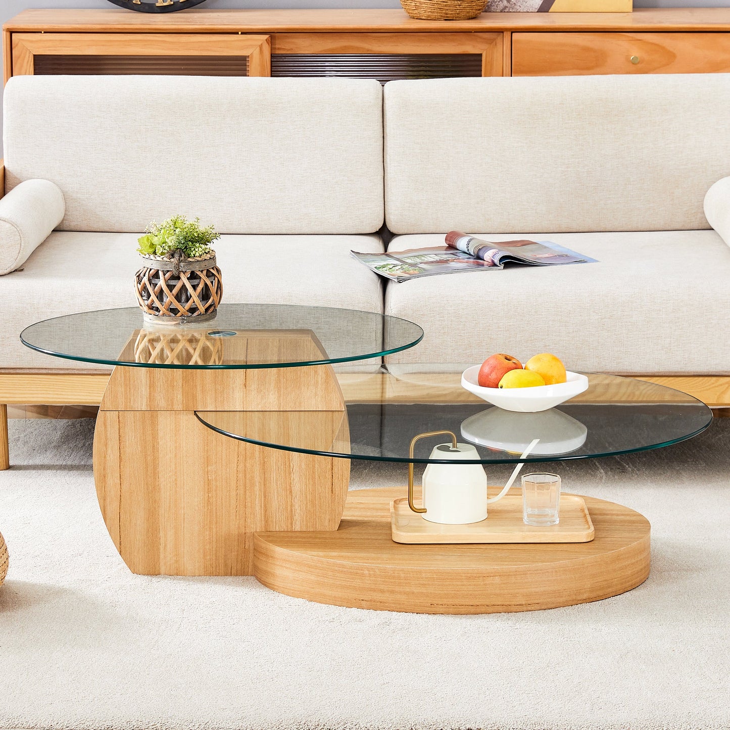 Modern Light Wood Grain Double Layer Coffee Table - Versatile Design, Multiple Colors, MDF and Reinforced Glass, Oval Co