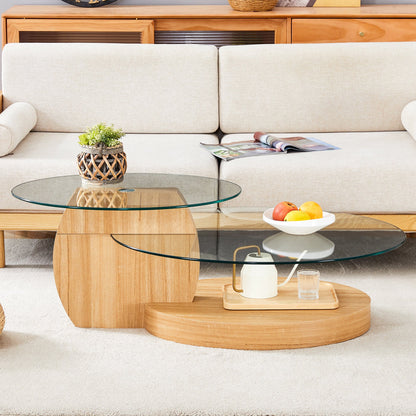 Modern Light Wood Grain Double Layer Coffee Table - Versatile Design, Multiple Colors, MDF and Reinforced Glass, Oval Co