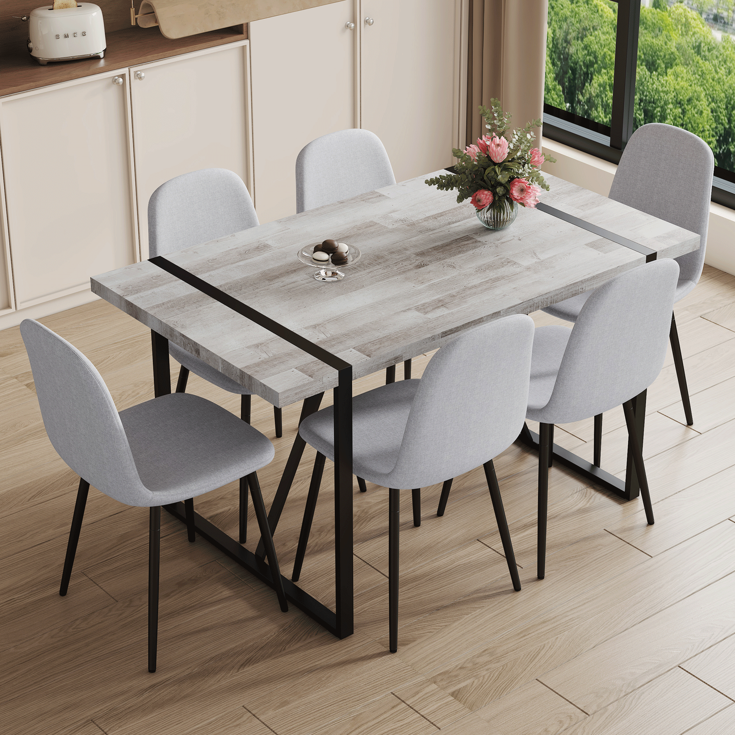 Table and Chair set.A Minimalist Retro Rectangular Dining Table With a Specially Textured Top and Black Metal legs.Paire