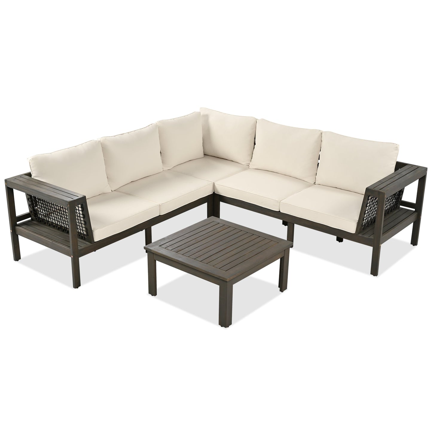 4 Pieces Outdoor Acacia Wood Sofa Set, Woven Mesh Armrests, L-Shaped Patio Furniture Sofa Set With Coffee Table, Outdoor