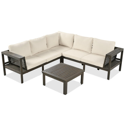 4 Pieces Outdoor Acacia Wood Sofa Set, Woven Mesh Armrests, L-Shaped Patio Furniture Sofa Set With Coffee Table, Outdoor