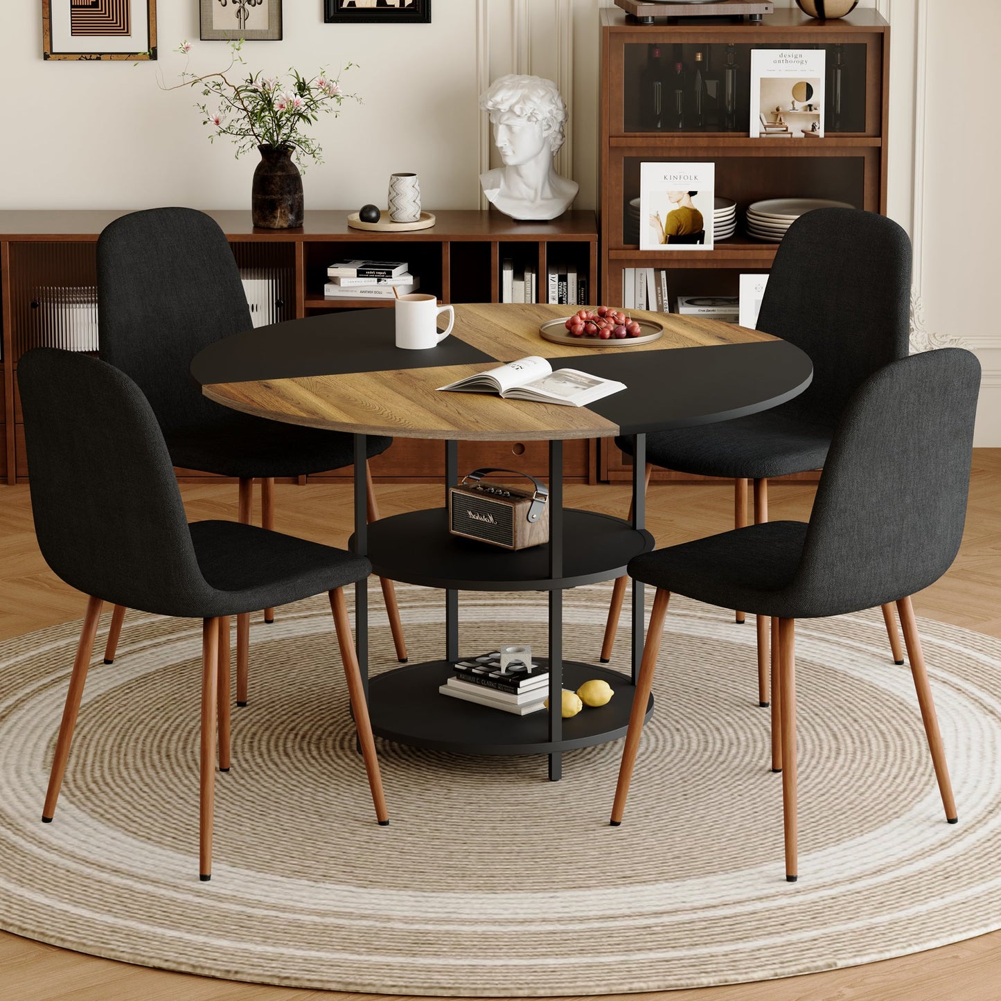 Table and Chair set.A 47.3-Inch Diameter Modern Splicing Circular Dining Table - Double-Layer storage.Paired With 4 Blac