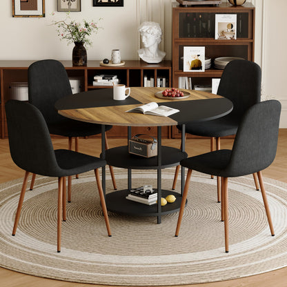 Table and Chair set.A 47.3-Inch Diameter Modern Splicing Circular Dining Table - Double-Layer storage.Paired With 4 Blac