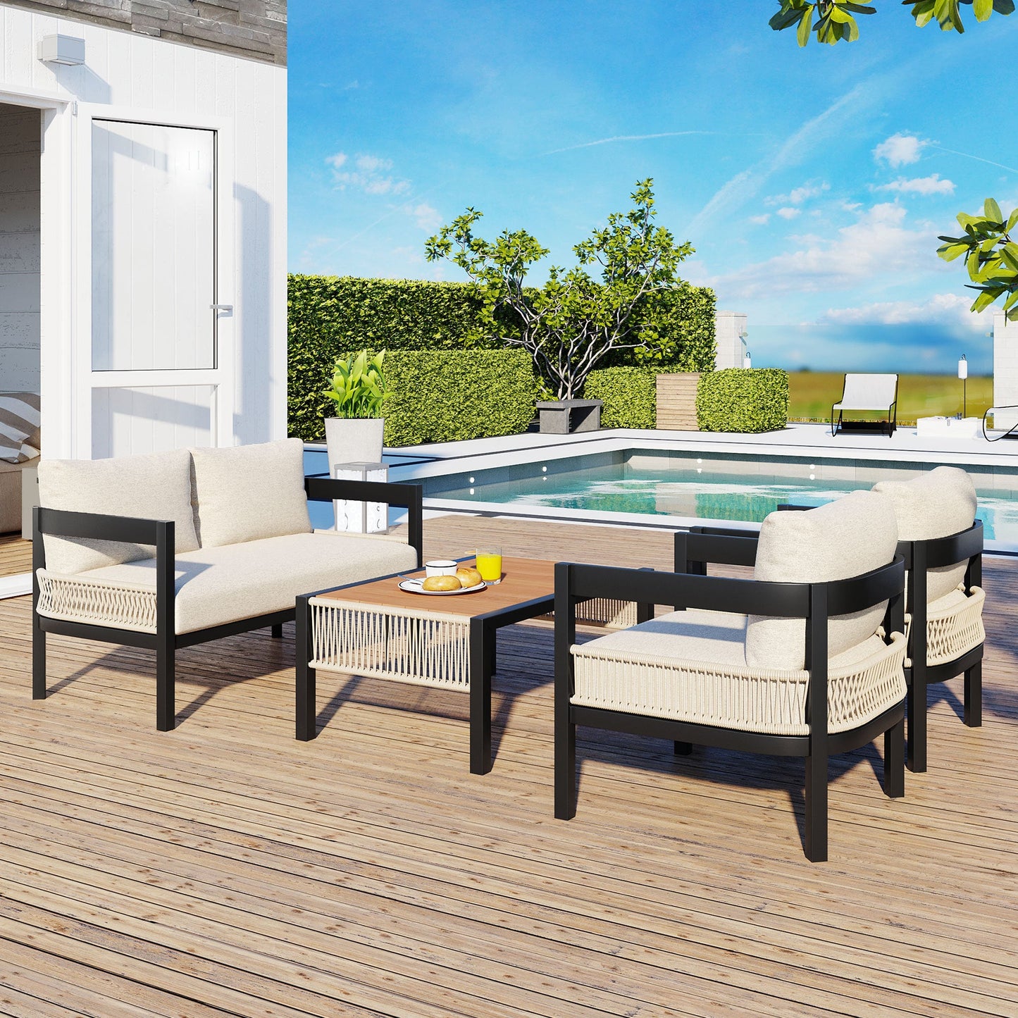 Multi-Person Outdoor Iron Sofa Set With a Table, Rattan Decoration, Waterproof, Rust-Proof, Suitable for Garden, Lawn Us