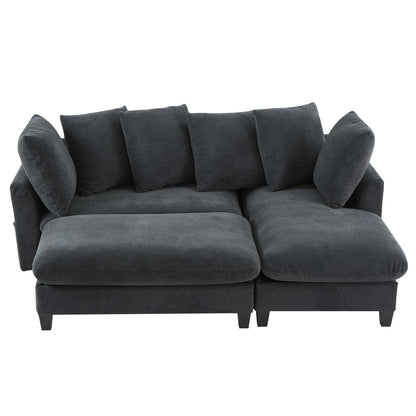 Black Upholstered 83' L-Shaped Sectional Sofa With Storage, Movable Ottoman, and Six Throw Pillows