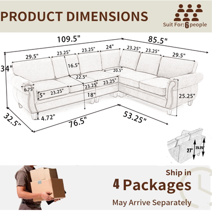109.5' Modular Sectional Sofa , Rivets Decorated & Rolled Armrest,L Shaped Couch for Living Room, Corner Couch, Chenille