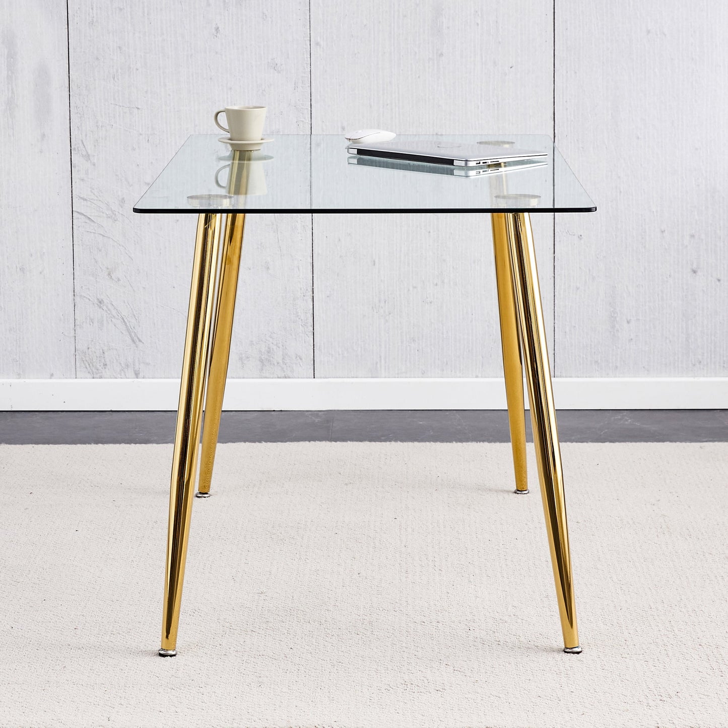 Modern Minimalist Rectangular Glass  Dining Table for 4-6 With 0.31' Tempered Glass Tabletop and Golden Plating Metal Le