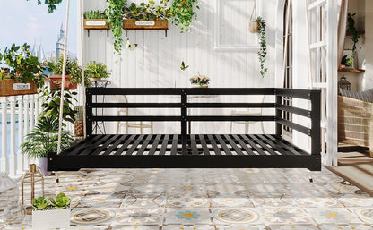 Country Patio Wooden Twin Size Swing Daybed Porch Swing Frame With 4pcs 96-Inch Hemp Ropes for Backyard, Garden, Black