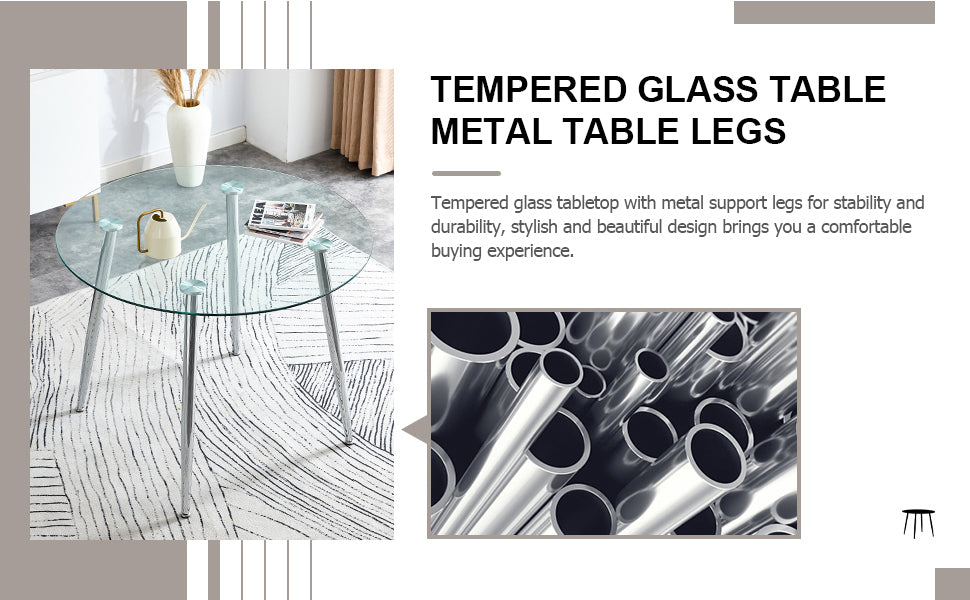 Table and Chair set.A 38.6' Diameter Transparent Tempered Glass Round Dining Table-Silver Metal Legs.Paried With 4 Black