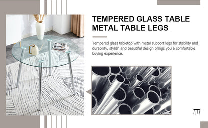 Table and Chair set.A 38.6' Diameter Transparent Tempered Glass Round Dining Table-Silver Metal Legs.Paried With 4 Black