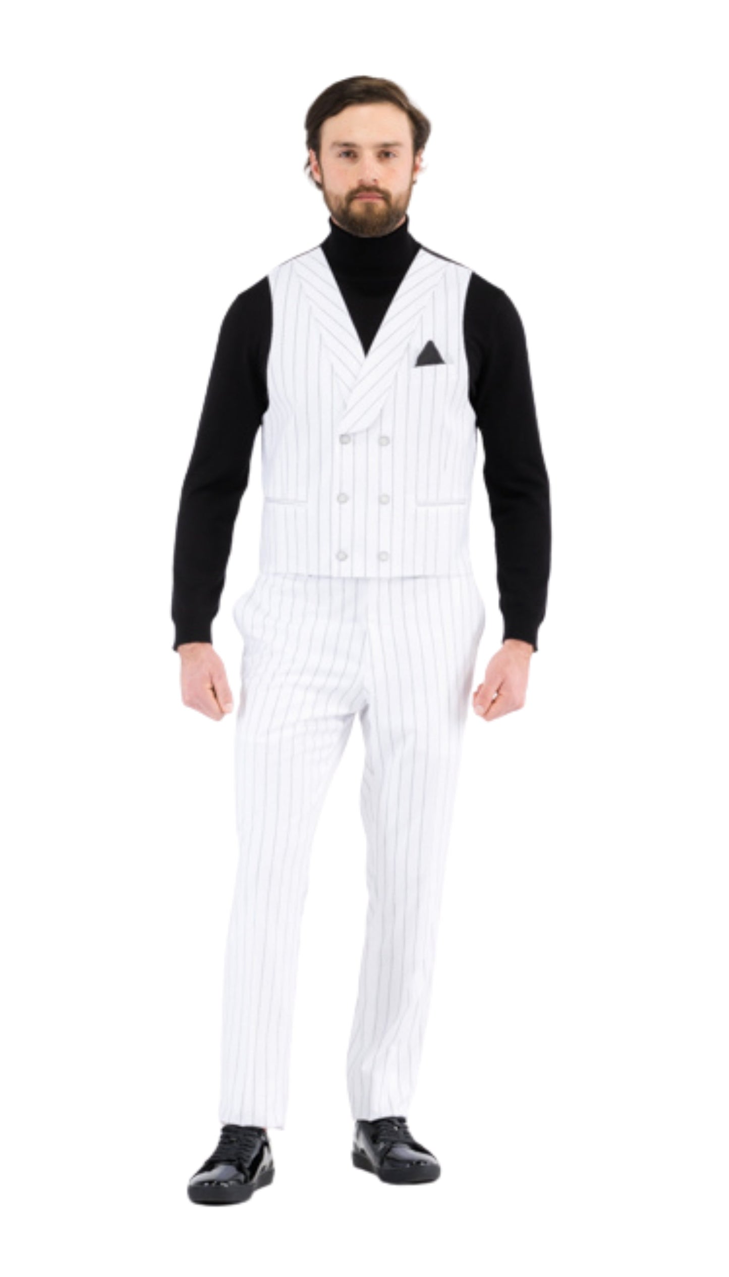 Bellagio White Black Mens 2 Button Slim Peak Lapel Suit With Pick Stitching Ticket Pocket Double Breasted Vest With Shaw