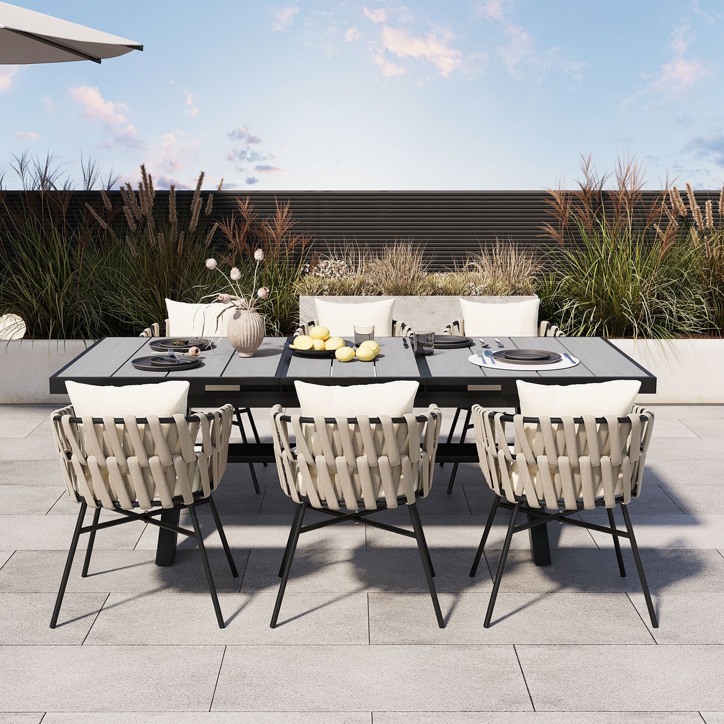 Discover Unmatched Flexibility in Alfresco Dining With Six Creatively Arranged Chairs Made of Polyester Woven Tape and A