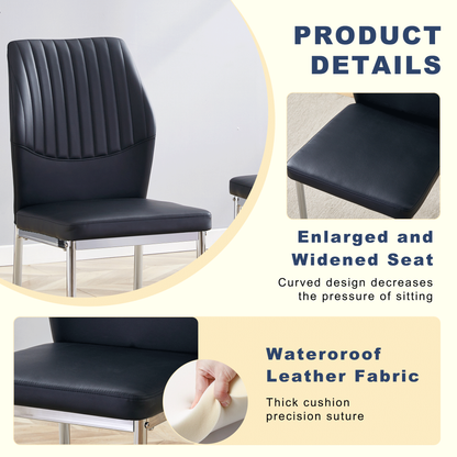 Table and Chair set.A 38.6' Transparent Tempered Glass Round Dining Table-Silver Metal Legs.Paired With 6 BLACK PU Mater