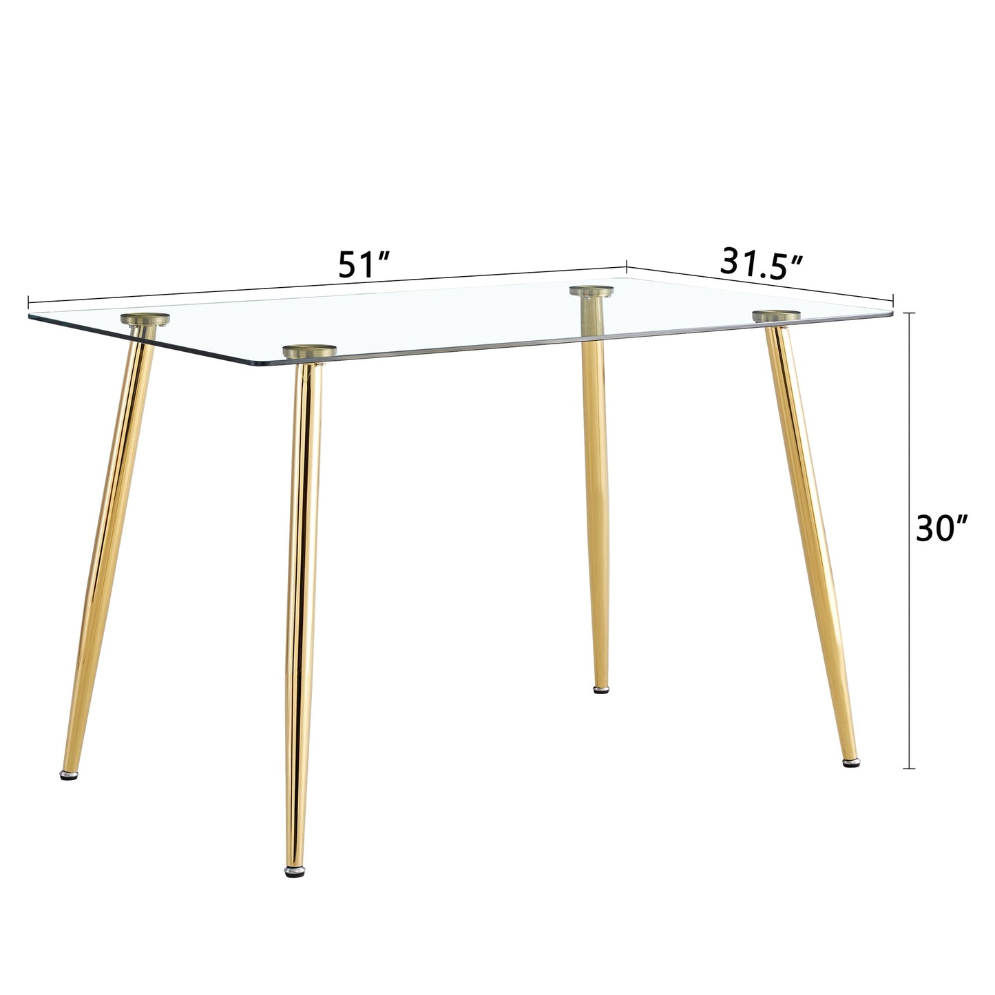 Modern Minimalist Rectangular Glass  Dining Table for 4-6 With 0.31' Tempered Glass Tabletop and Golden Plating Metal Le