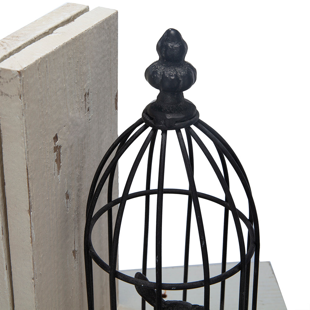 S/2 5.5x4.5x10'  Distressed Black Bird Cage Bookend, Antique White