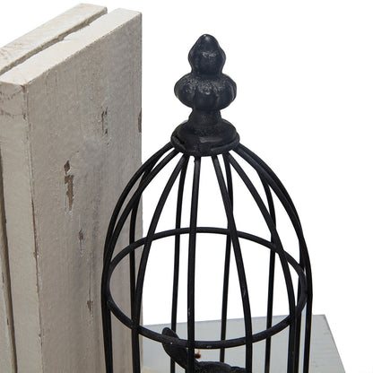 S/2 5.5x4.5x10'  Distressed Black Bird Cage Bookend, Antique White