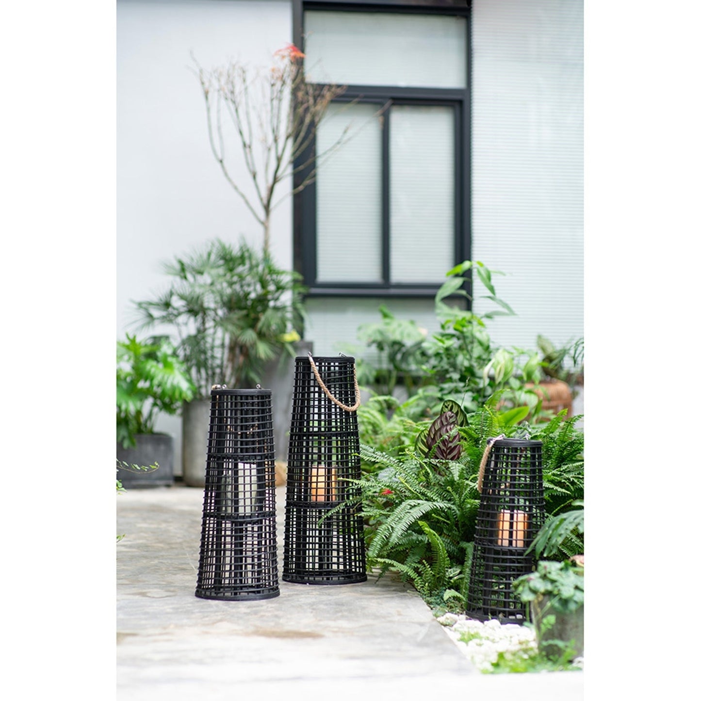 D9.5x21' Woven Rattan Hurricane Lantern With Hemp Rope, Black