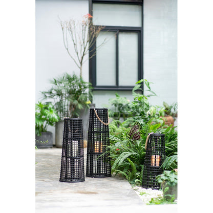 D9.5x21' Woven Rattan Hurricane Lantern With Hemp Rope, Black